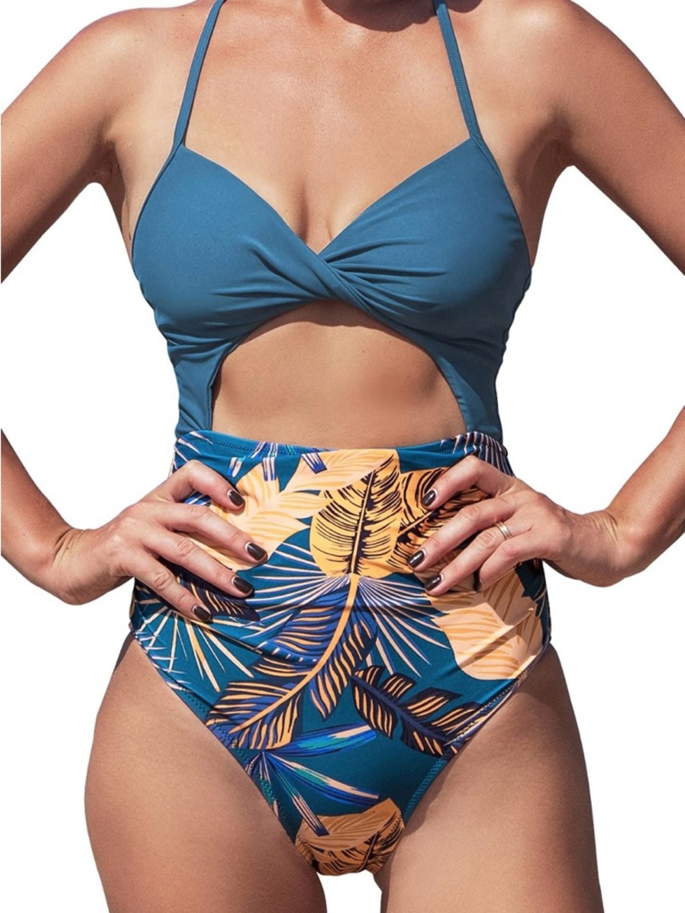 Cupshe Teal Twist Cutout One-Piece with Tropical Print